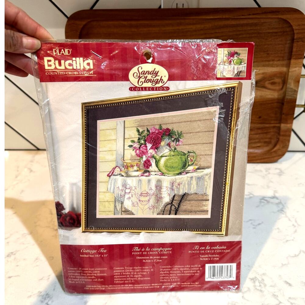 vintage Bucilla Plaid "Cottage Tea" Counted Cross Stitch Kit discontinued rare